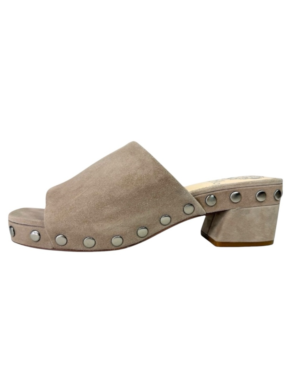 Vince Camuto Haniya Suede Mules Studded Chunky Heel Taupe Size 6 Office Casual